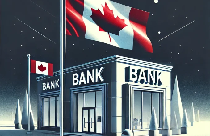 DALL·E 2025-01-14 23.04.31 - A clean and dramatic illustration featuring a Canadian flag prominently displayed and a modern bank building in the foreground. The design captures a